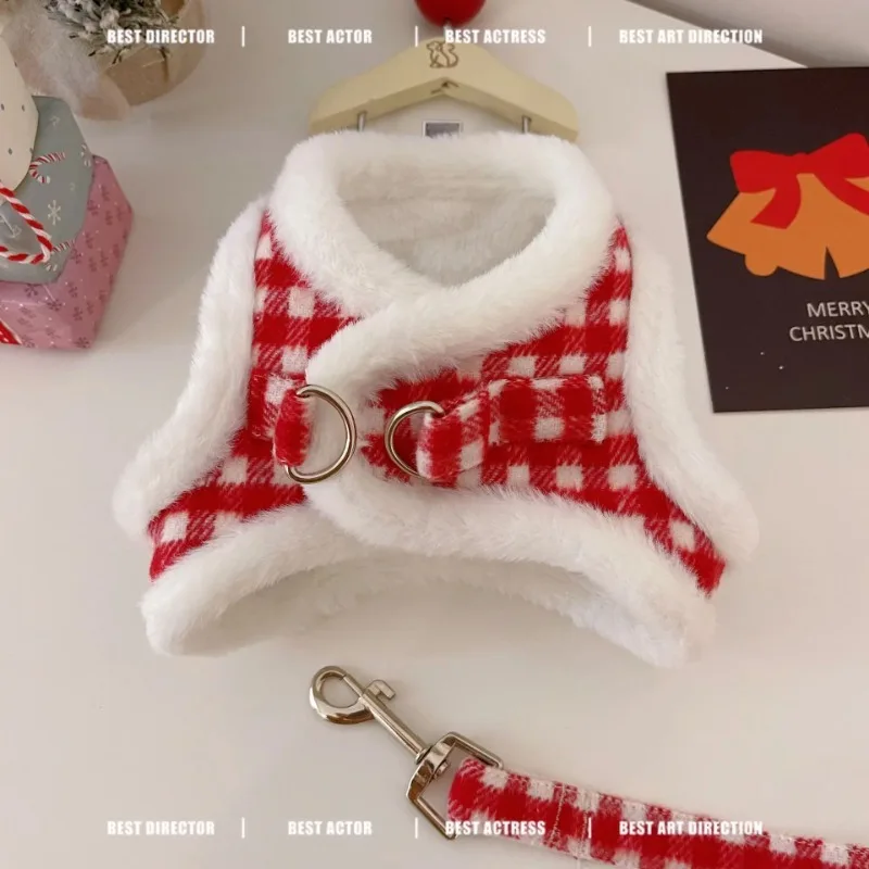 Arnés de perro de peluche rojo, conjunto de tracción a cuadros para mascotas, ropa para perros y gatos, chaleco, arneses de terciopelo grueso, abrigo de invierno de peluche de Navidad y Año Nuevo