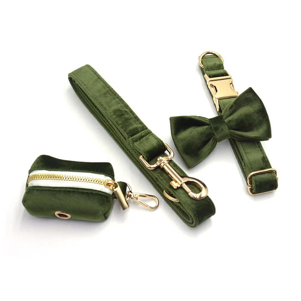 Conjunto de Collar y correa ajustables suaves para perros y gatos, collares personalizados de terciopelo verde Vintage, arnés para cachorros con grabado - imagen 5