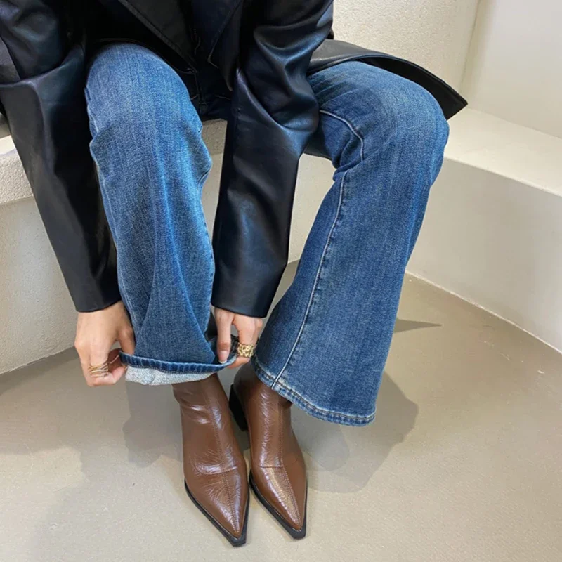 Pointed Toe Women Ankle Boots Fashion Thick Heel Slimming Short Booties Autumn Winter Soft Leather Female Shoes - imagen 3