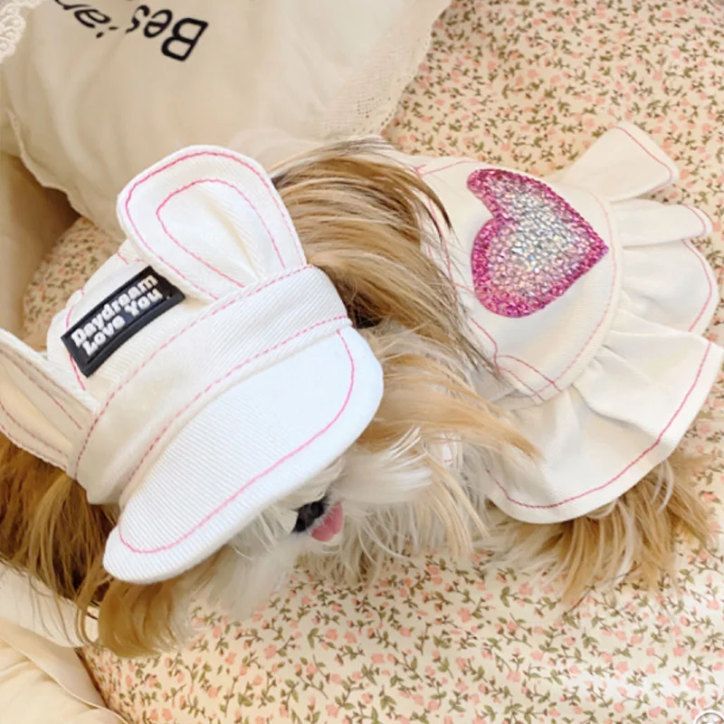 Falda de tirantes de lujo para perros pequeños, tela vaquera blanca con sombrero, ropa para mascotas de primavera y verano, ropa para mascotas Yorkshire maltés para perros y niñas, vestido para cachorros - imagen 3