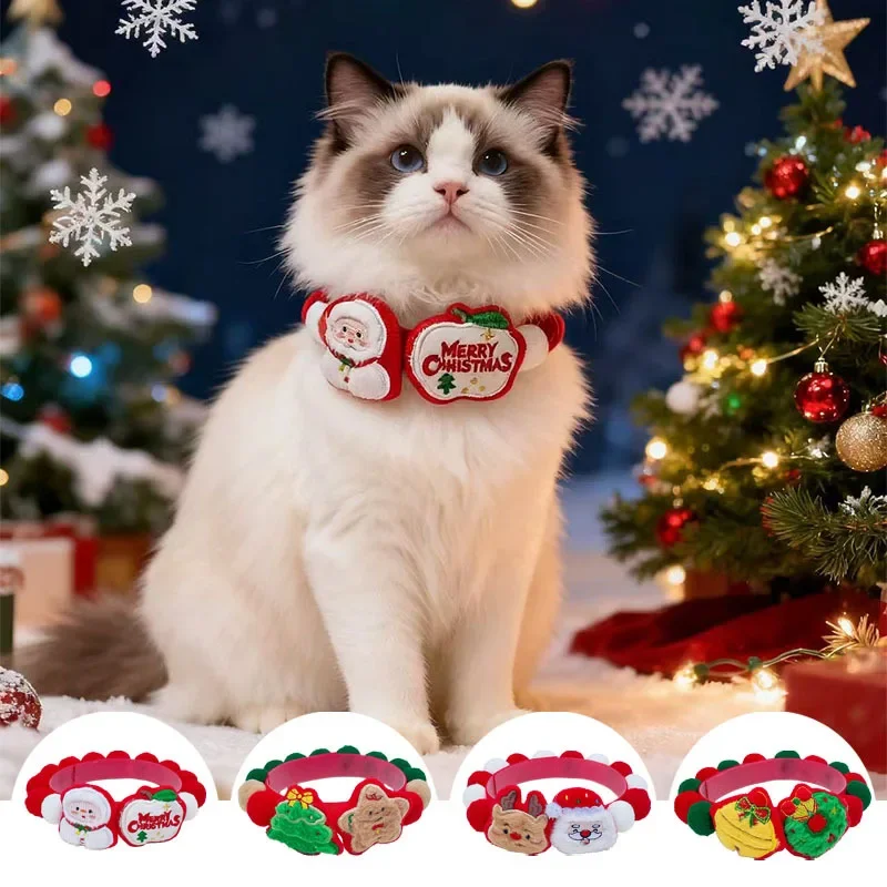 Collar festivo para mascotas, gatos, perros, con patrones de renos de Papá Noel, cinta mágica, accesorio navideño para decoración navideña - imagen 5