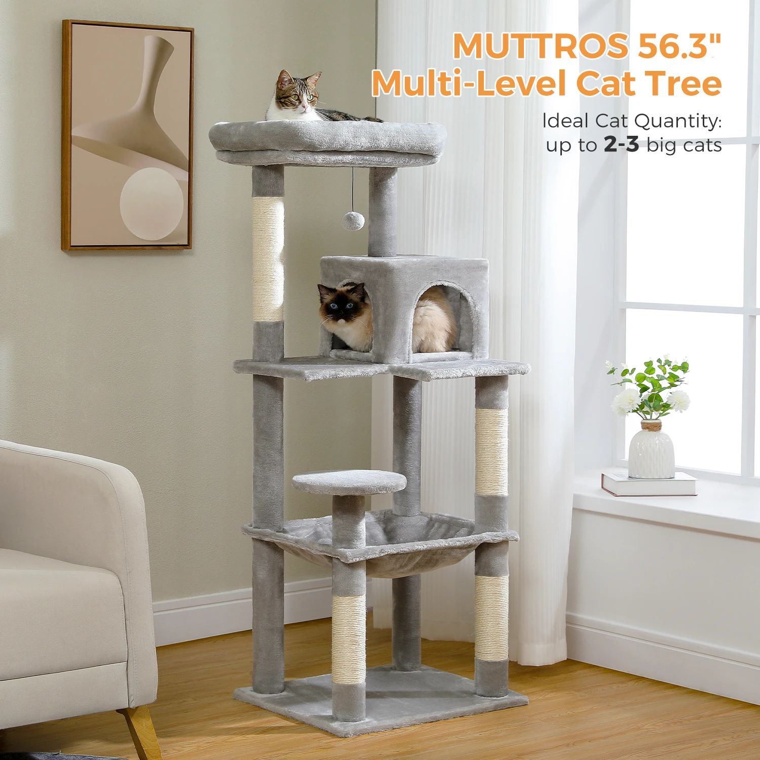 Árbol para gatos de varios niveles, torre para gatos gris con postes rascadores naturales, hamaca acogedora, condominio para gatos de interior, muebles para gatos, juguetes para gatos - imagen 3