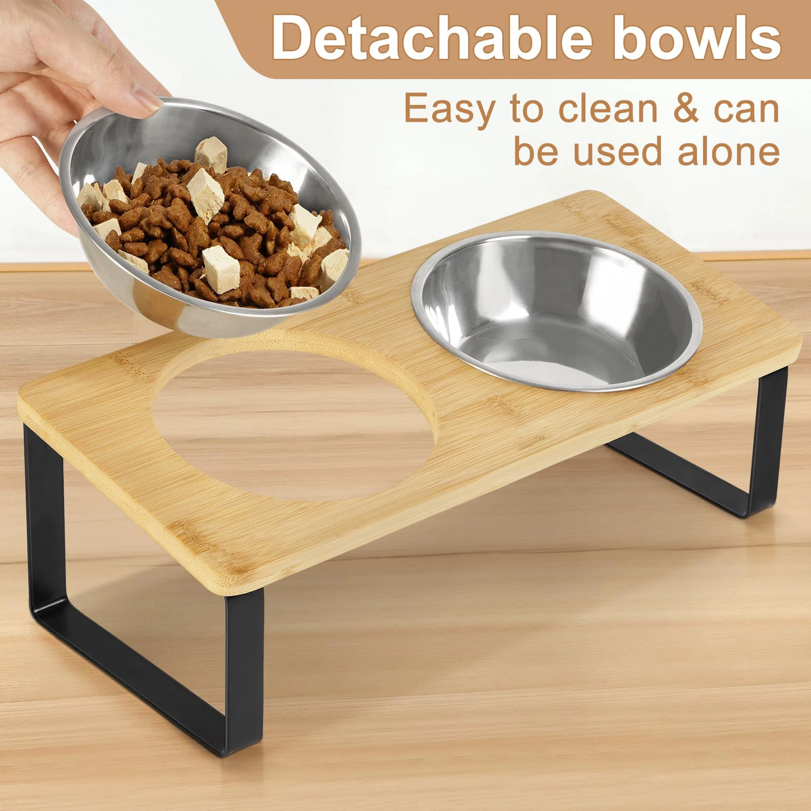 Cuencos elevados para gatos Comedero para mascotas 15 °   Cuencos de comida para gatos elevados inclinados con soporte de madera, 2 cuencos de acero inoxidable para gatos y cachorros - imagen 4
