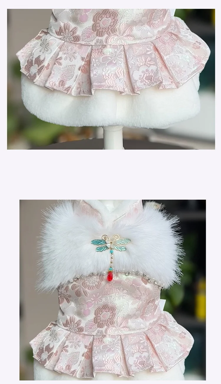 Vestidos de invierno de estilo chino para perros pequeños, vestido de princesa de piel esponjosa para perros, vestido de boda para mascotas, ropa Formal para fiesta de cumpleaños para cachorros - imagen 5