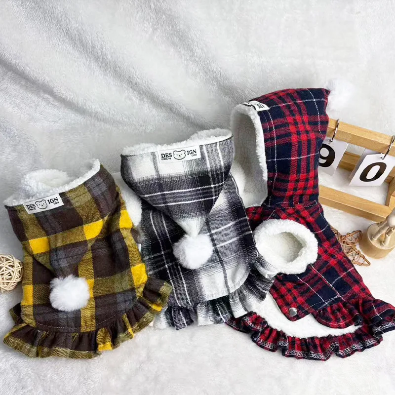 Vestido a cuadros de otoño/invierno para mascotas, abrigo grueso y cálido para perros pequeños y gatos, ropa para perros pequeños, ropa para cachorros