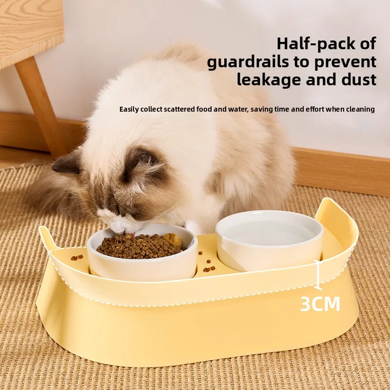 Cuenco de cerámica para comida para gatos, cuenco de cerámica con boca oblicua para gatitos, protege la columna Cervical y evita que se golpea sobre el doble cuenco