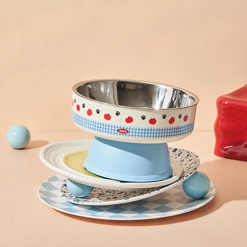 Una pieza de cuenco de pie alto de acero inoxidable para mascotas, cuenco individual con patrón de dibujos animados coloridos, boca anti-negro, protección de vértebra cervical - imagen 2