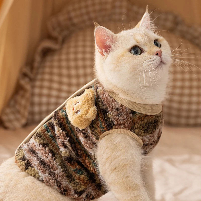 Chaleco de invierno esponjoso para Bulldog Francés, oso de dibujos animados, forro polar cálido, ropa de gato esfinge, sudadera para cachorros de Nueva York, monos - imagen 5