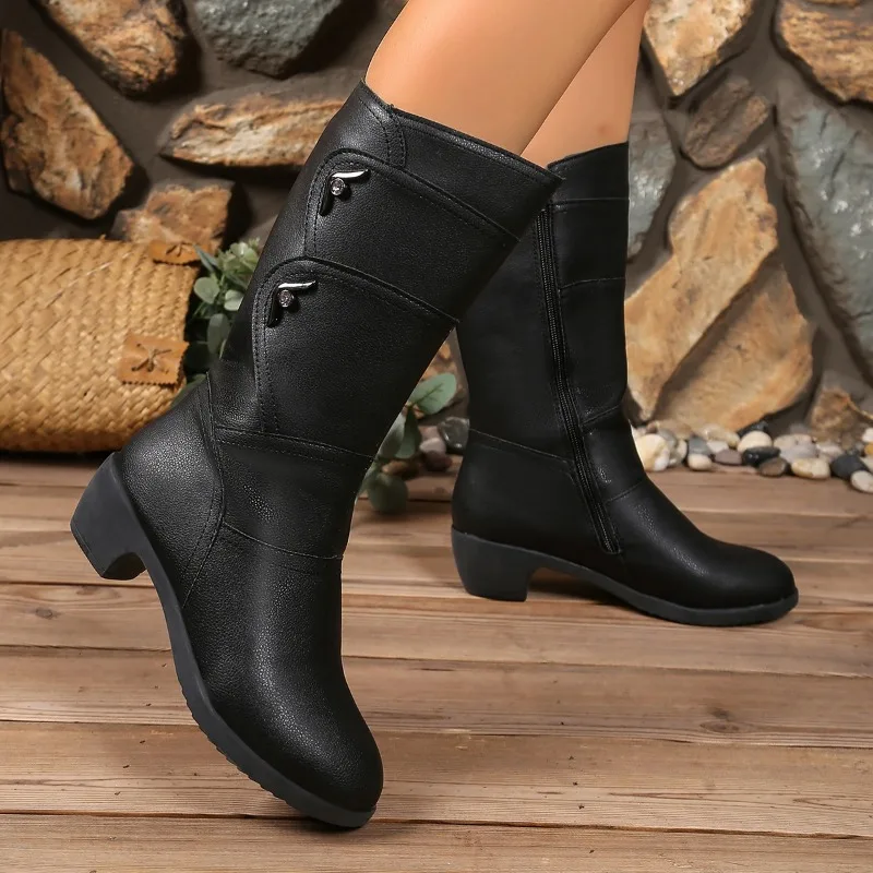 Botas de invierno a media pantorrilla para mujer, moda de estilo coreano, tacón bajo, Color sólido, forro polar, cálidas, de talla grande, sexis y elegantes - imagen 2