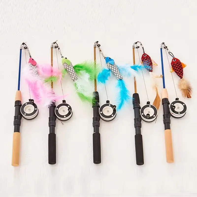 Varita de plumas de palo, juguetes interactivos para gatos, caña de pescar telescópica en forma de pez, suministros de juguete para gatos, juguetes para gatos de Color aleatorio - imagen 2