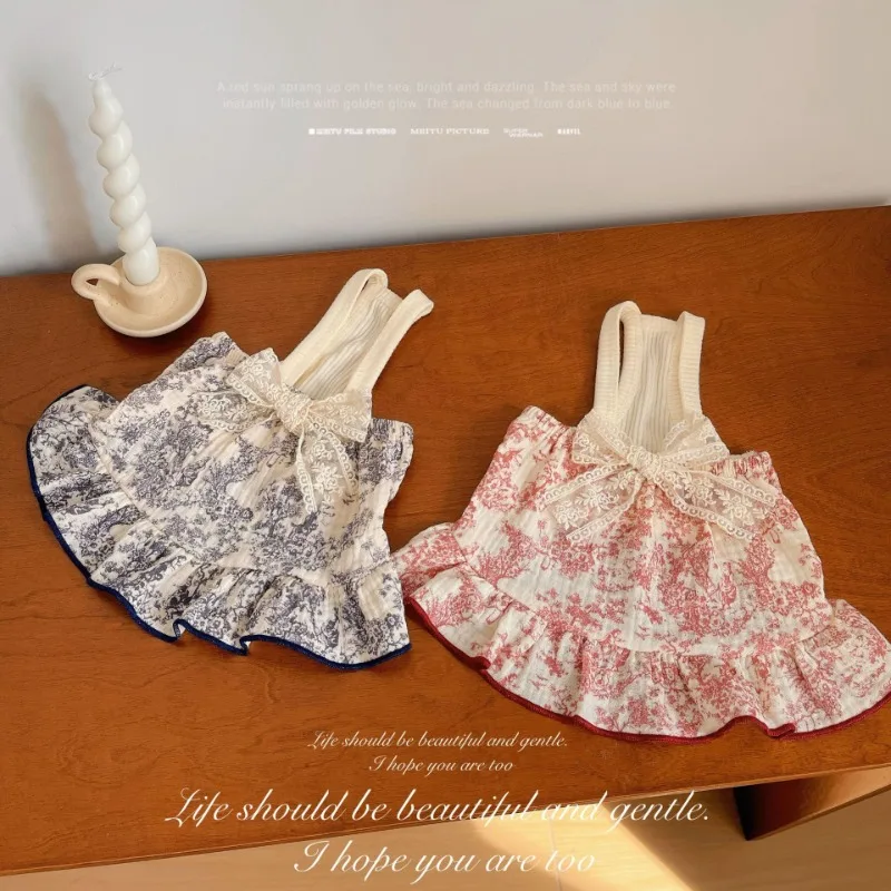 Ropa de moda para perros, falda Retro de estilo francés con lazo Floral, vestidos de princesa para cachorros, oso de peluche, falda con tirantes para perros pequeños - imagen 3