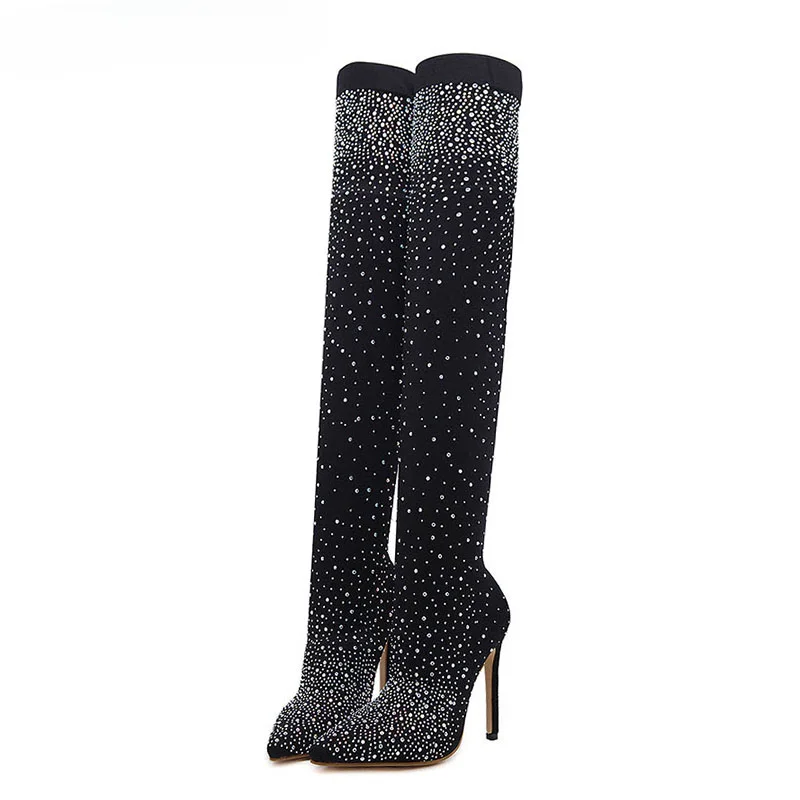 Calcetines sexis de tacón alto por encima de la rodilla, botas con punta puntiaguda, diseño de diamantes de imitación de cristal, tela elástica, zapatos de baile en barra para mujer - imagen 2