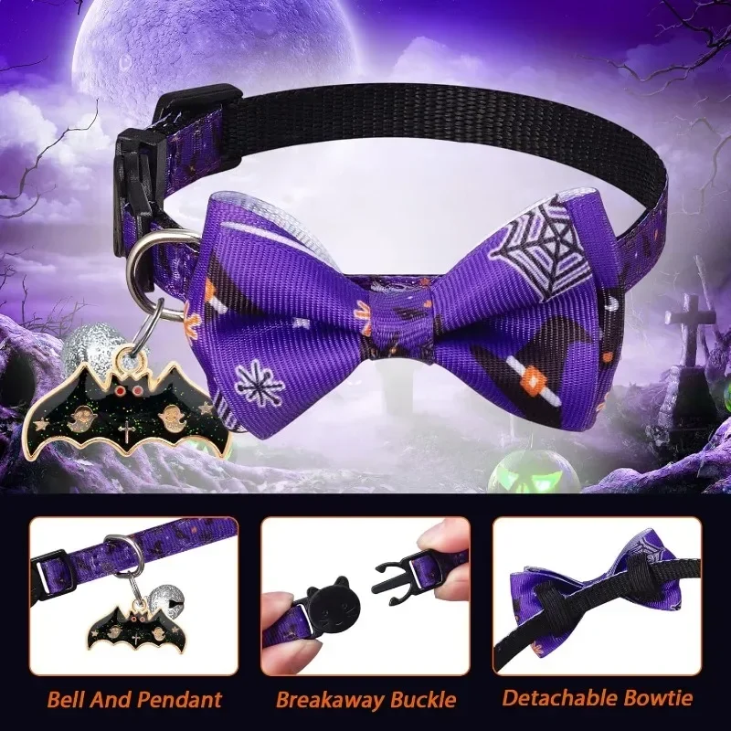Collar de gato de Halloween con pajarita y campana, calabaza, fantasma, murciélago, Graohic, Collar de gatito ajustable para gatito/gato/perro, suministros para mascotas - imagen 5