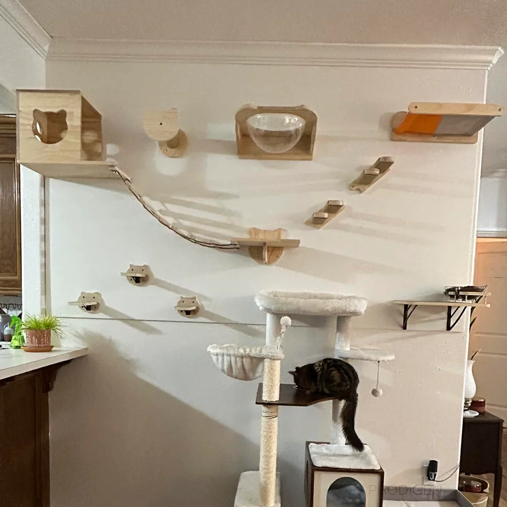 Estantes de madera para escalar gatos montados en la pared, hamaca para gatos con plataforma para saltar o poste rascador para jugar y dormir gatos - imagen 3