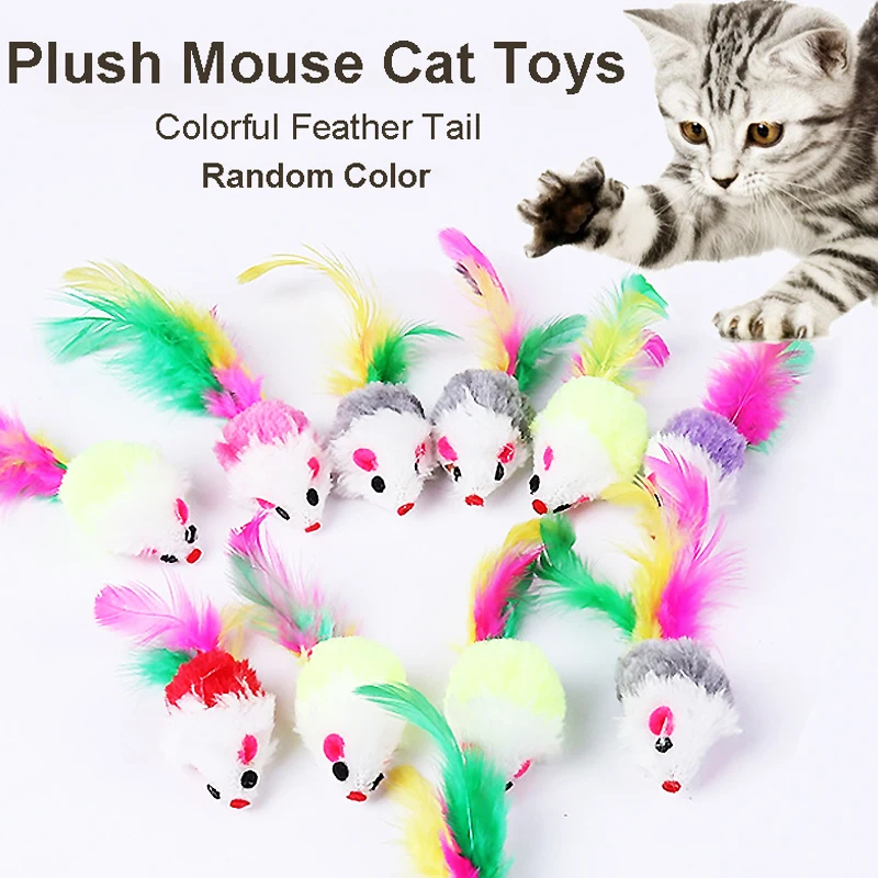 5/10 Uds. De juguetes de peluche para gato y ratón, piel de conejo, ratón falso, pluma, sonajero de arcoíris, juguete interactivo para gato, juguetes para gatito - imagen 2