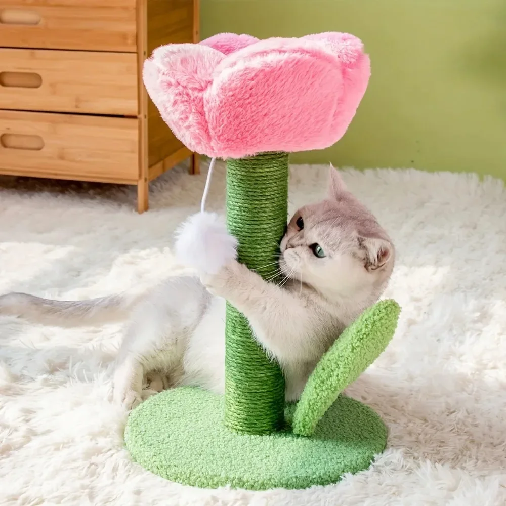 Tirador para gatos con flor de tulipán, rascador pequeño para gatos de interior con cama de flores, poste rascador para gatos con bola colgante - imagen 3