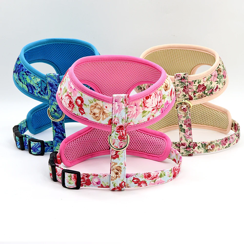 Collar de perro con flores personalizado, conjunto de correa con arnés, chaleco para cachorros y gatos con estampado personalizado, correas para perros pequeños y medianos, S-XL - imagen 2