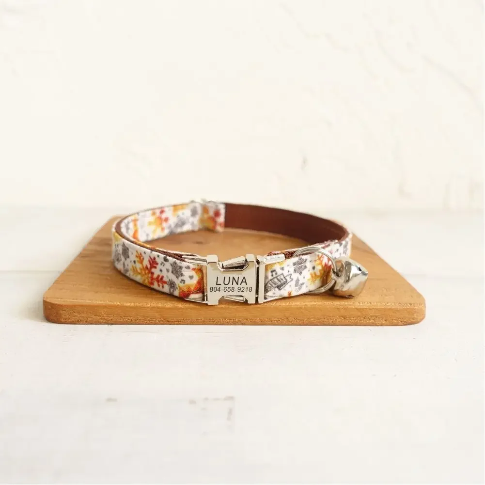 Collar de gato personalizado con grabado gratuito, correa para mascotas a juego, hebilla de Metal de contactos personalizados, Collar pequeño para mascotas con flor de nieve