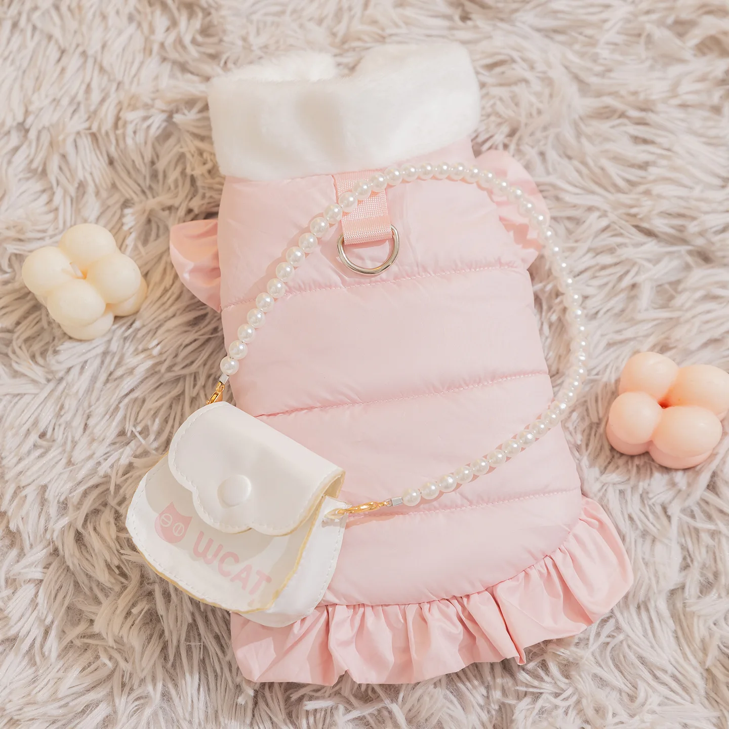 Ropa para mascotas, ropa para gatos de otoño e invierno, gruesa, cálida, princesa, viento, bolso con perlas, chaleco de tracción, ropa para perros, productos para mascotas - imagen 5