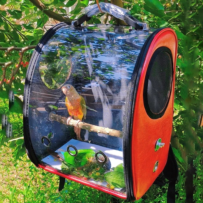 Mochila para loros de viaje al aire libre con percha, mochila portátil para loros, jaula, bolsa transportadora transparente para loros, bolso, suministros para pájaros - imagen 3