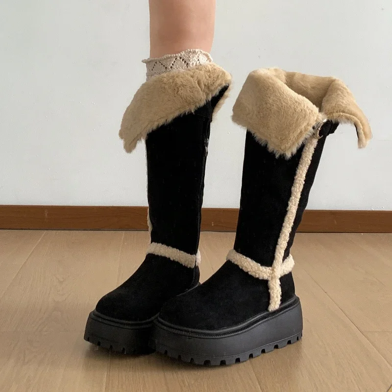 Botas De nieve De piel De algodón cálidas para Mujer, Zapatos planos con plataforma a la moda, botines largos De caballero Vintage para Mujer - imagen 4