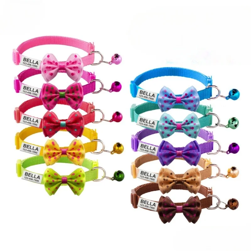 Collar seguro personalizado para gatos con pajarita y campana, Collar de nailon para mascotas con etiqueta de identificación, nombre grabado y etiqueta de número de teléfono para gatos y perros