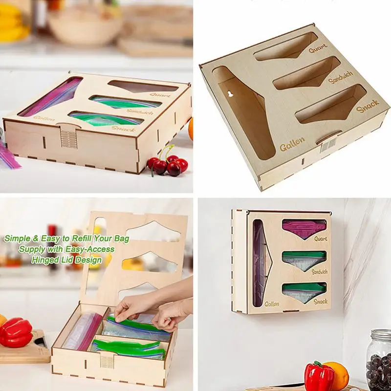 Organizador de bolsas de madera con 4 ranuras para almacenamiento de alimentos, dispensador de bolsas, organizador de papel de aluminio para cajón de cocina - imagen 4
