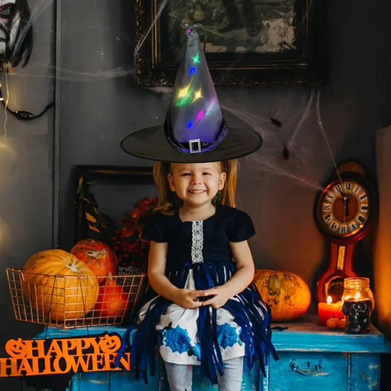 Sombrero de bruja con luz LED para niños, niñas y mujeres, falda de telaraña, disfraz de Mago para fiesta de Halloween - imagen 4