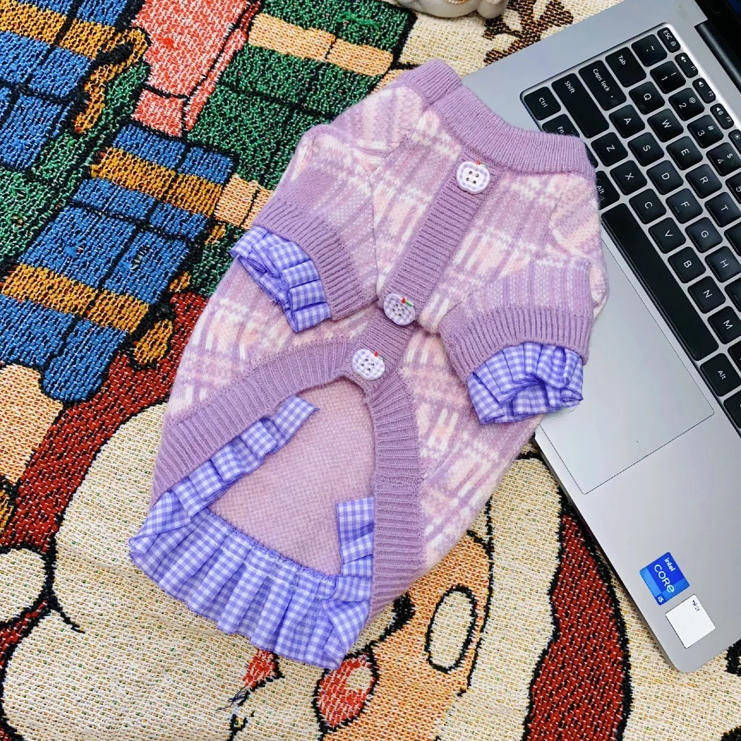 Camisa de suéter a cuadros para mascotas para calidez de otoño e invierno, abrigo de peluche Schnauzer para gatos, ropa para perros pequeños, ropa para cachorros - imagen 2