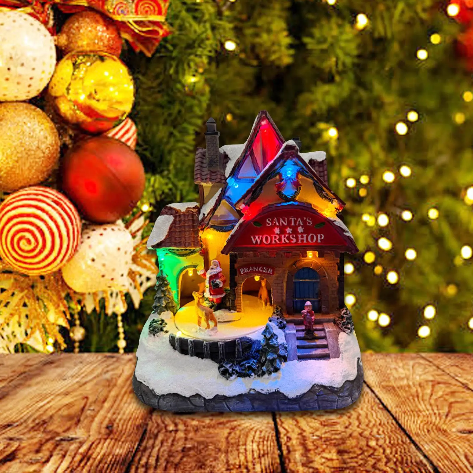 Estatua de casa de Navidad con música ligera, adorno de mesa artesanal, decoración navideña de resina micropaisaje para vacaciones en casa