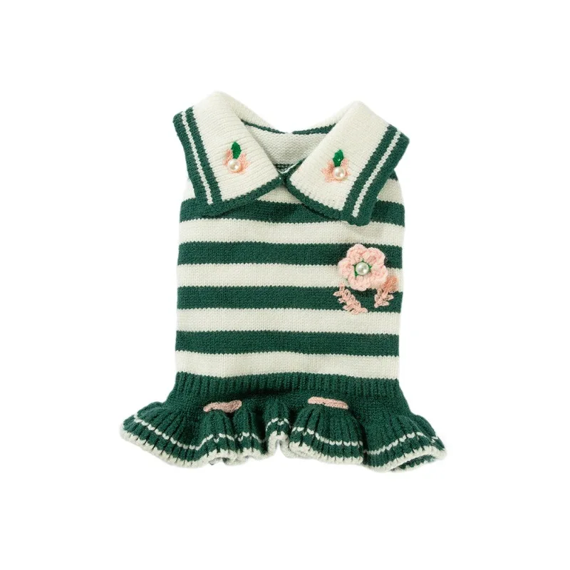 Pet Autumn/Winter Striped Knitted Princess Dress Flower Sweater Dress Pet Coat Dog Clothes for Small Dogs Puppy Clothes - imagen 5
