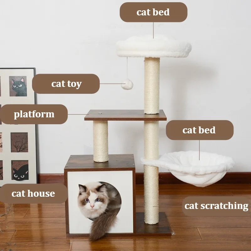 Árbol para gatos de madera maciza, gabinete interior, árboles para gatos, poste rascador, juguete, torre para gatos, cama rascador, escalar, ocultar, casa para mascotas de varios niveles - imagen 2