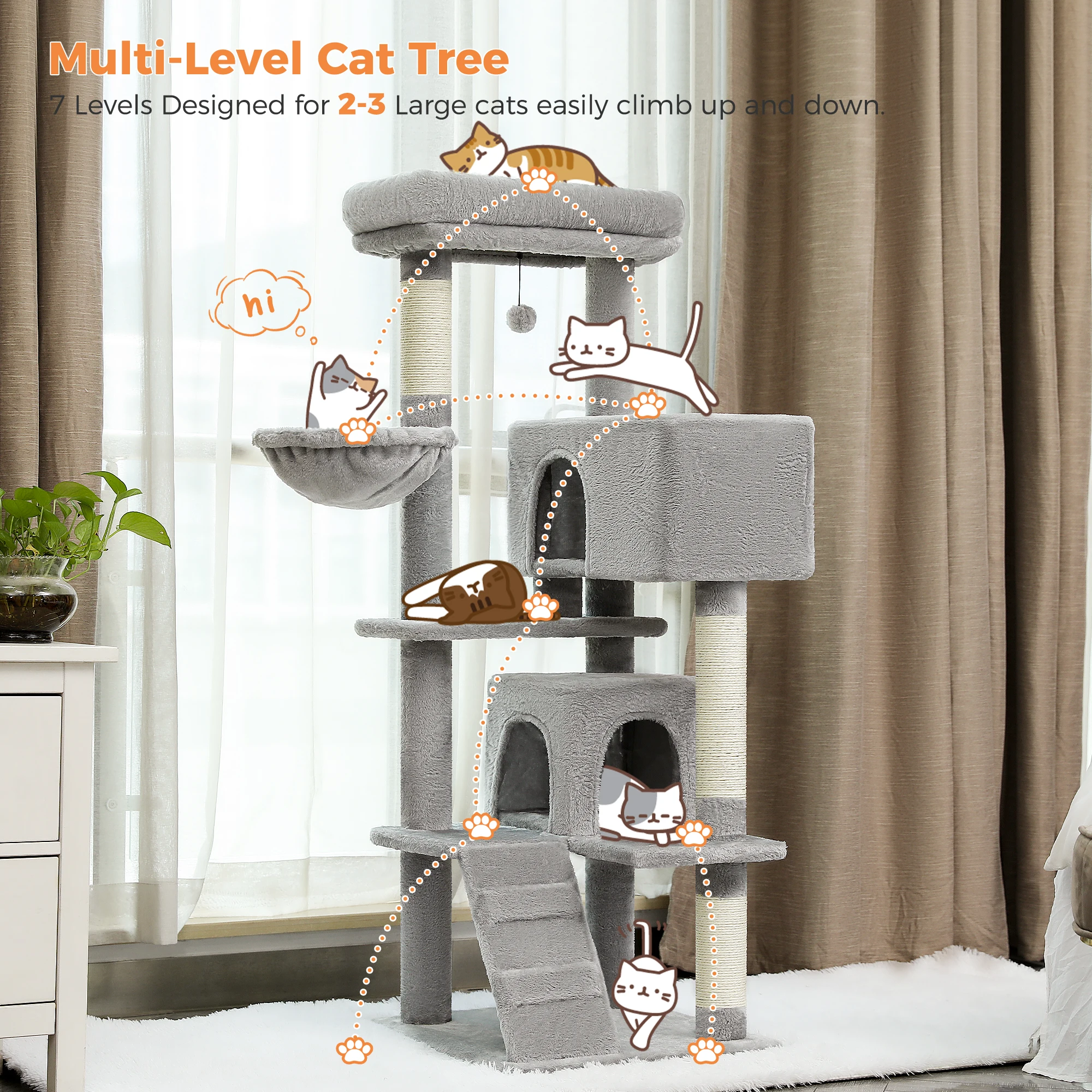 Árbol de lujo para gatos, torre multinivel con condo para gatos, perchas acogedoras, casa de juegos para mascotas, poste rascador, torre estable para gatos con bola colgante - imagen 4