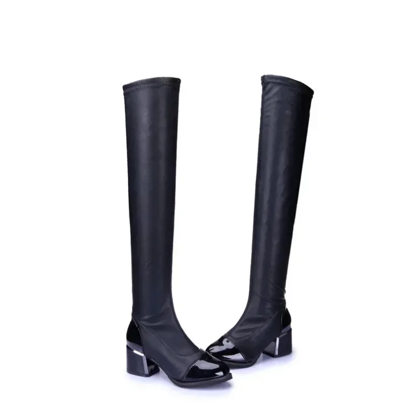 Botas largas hasta la rodilla de algodón para mujer, zapatos de tacón alto, elasticidad, Sexy, moda informal, Otoño e Invierno - imagen 5