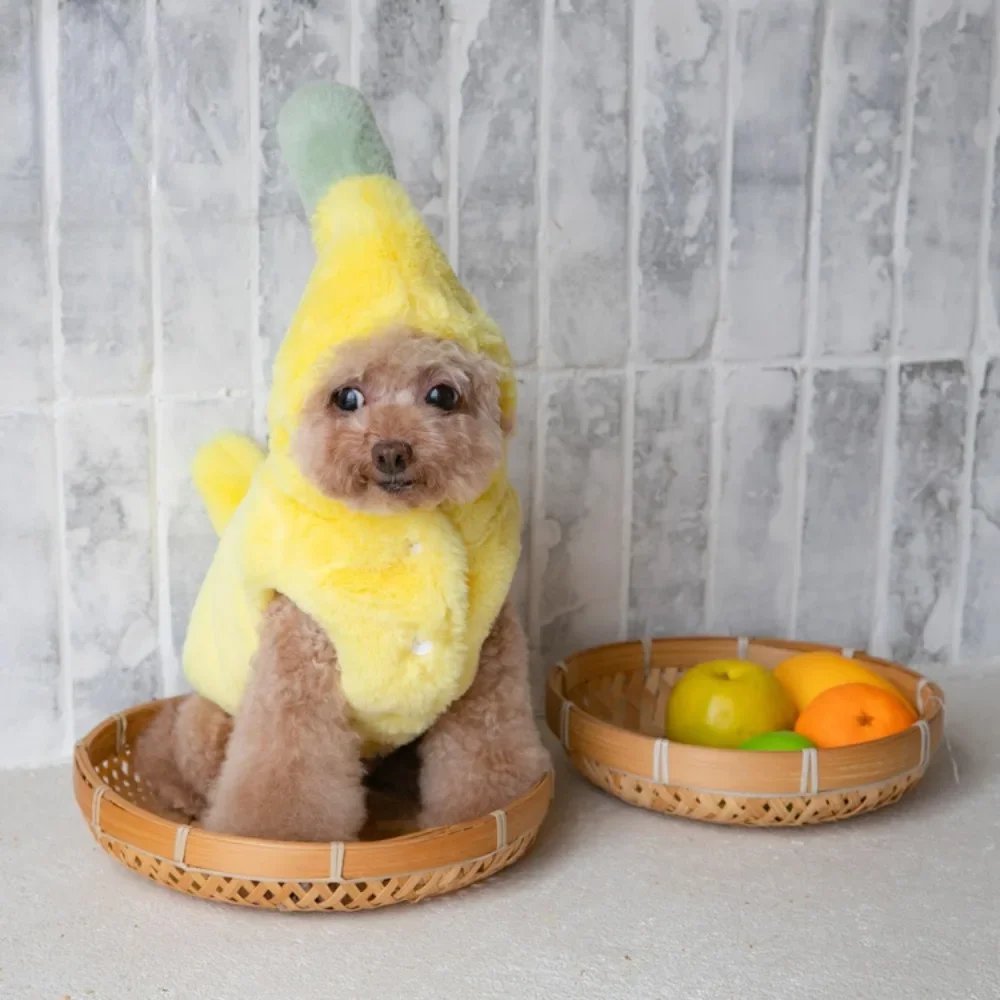 Vestido de invierno de transformación de plátano para mascotas, divertido vestido de Halloween, ropa de peluche cálida para perros y gatos, abrigo de plátano de felpa para cachorros - imagen 3