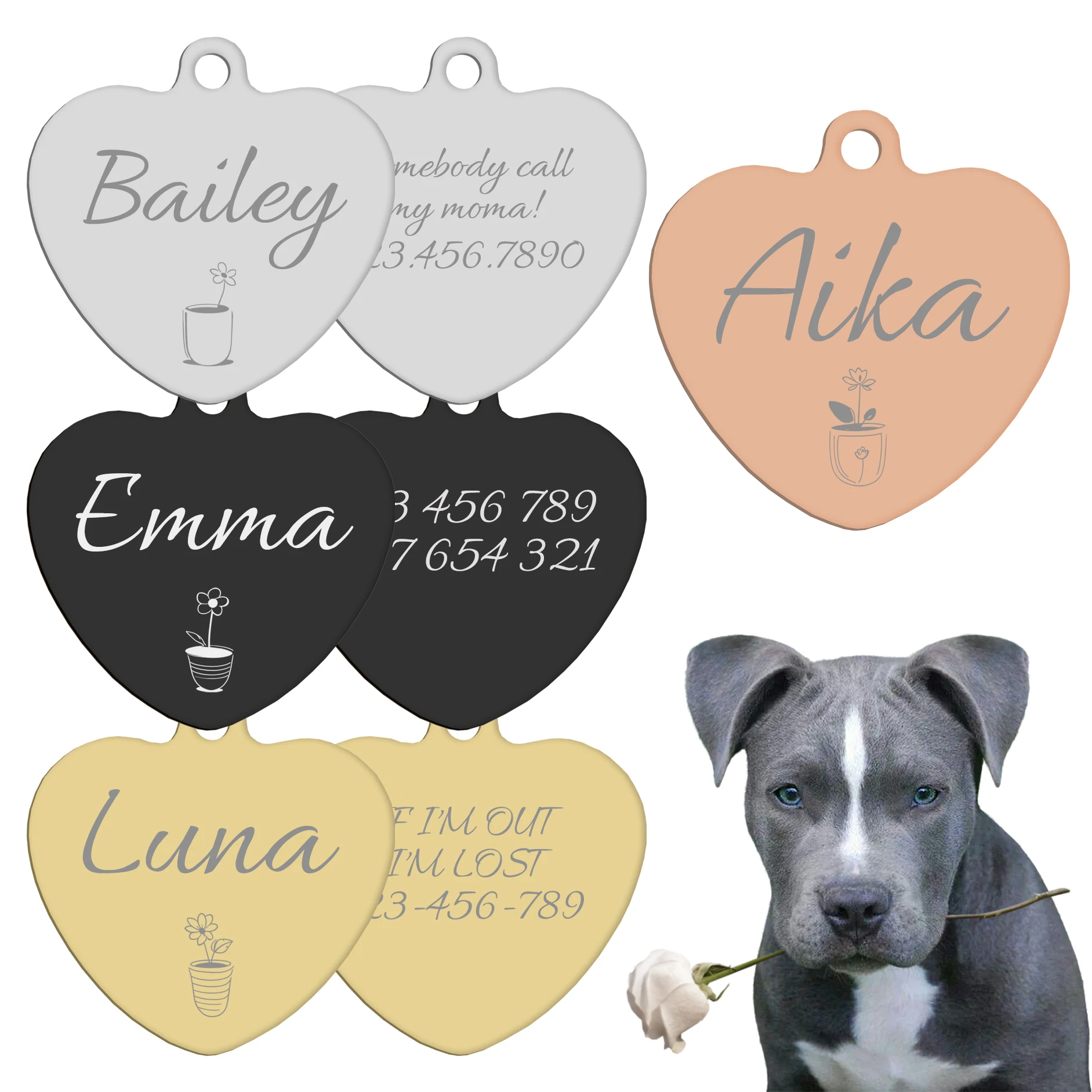 Etiqueta de identificación personalizada para perros y gatos en forma de corazón: nombre/teléfono personalizado de acero inoxidable, diseños florales y macetas (durable e impermeable)