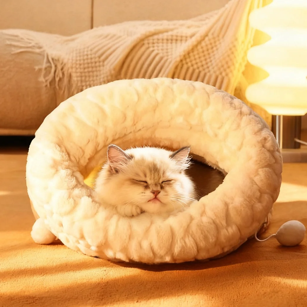 ​ ​ Acogedor saco de dormir para gatos Cave: cama para mascotas semicerrada cálida de invierno con capucha de seguridad, bolsillo de pelusa autocalentable para gatos ansiosos - imagen 4