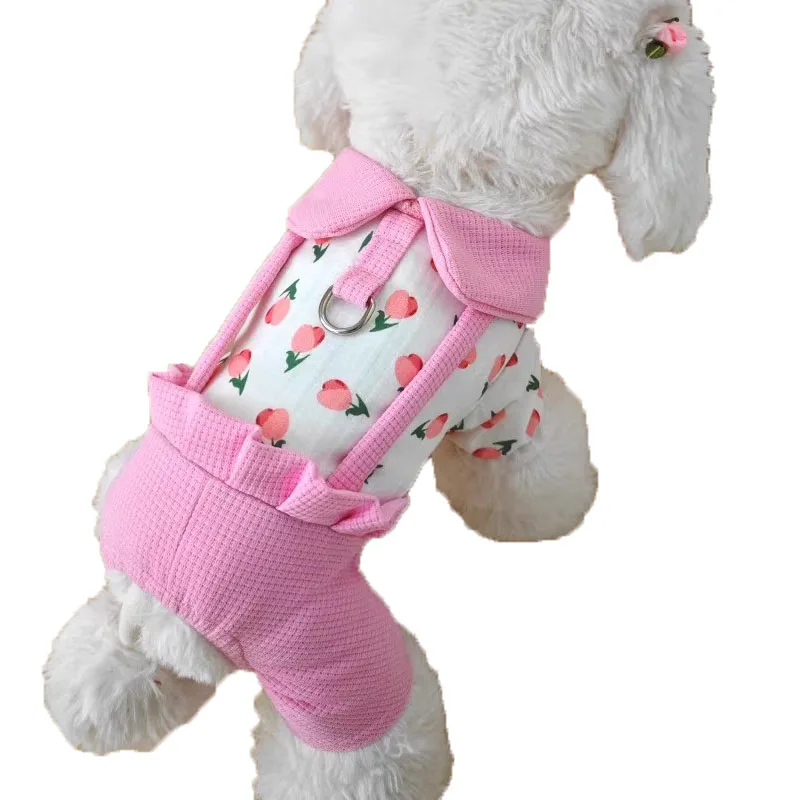 Ropa dulce para mascotas, mono con estampado Floral para perros, pijama rosa con cuello redondo, chándal para perros pequeños y medianos, mono para cachorros tipo perro salchicha - imagen 4