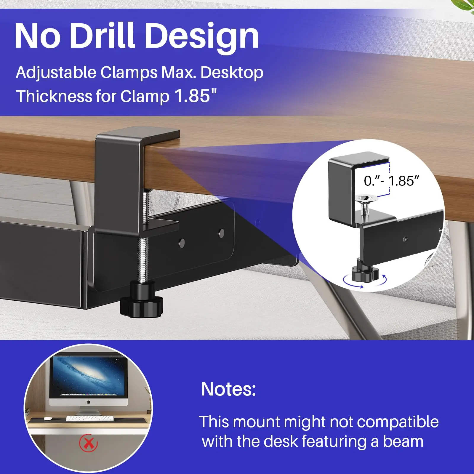 Soporte para computadora portátil sin taladro debajo del escritorio, estante de almacenamiento de metal debajo del escritorio con gestión de cables, bandeja de almacenamiento para computadora portátil para oficina, juegos