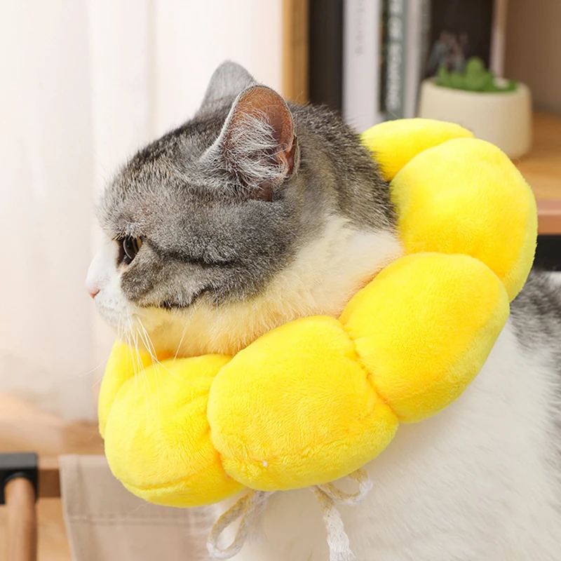 Collar de girasol para mascotas, ajustable, antimordedura, cirugía, antilamer, curación de heridas, protección para gatos, Collar isabelino de felpa suave - imagen 2