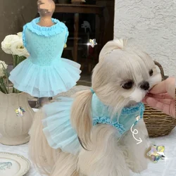 Ropa azul de moda para mascotas, vestido de malla de verano para perros pequeños, falda abullonada de flores fragantes, vestidos para perros pequeños