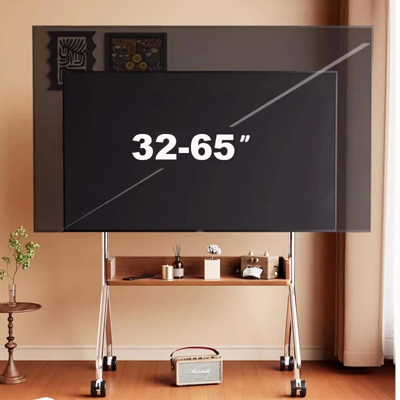 Soporte de TV con ruedas de madera con estantes de almacenamiento para sala de estar, dormitorio, oficina, carrito de TV móvil de 32-65 pulgadas de hasta 110 libras, VESA 600x400 mm - imagen 2