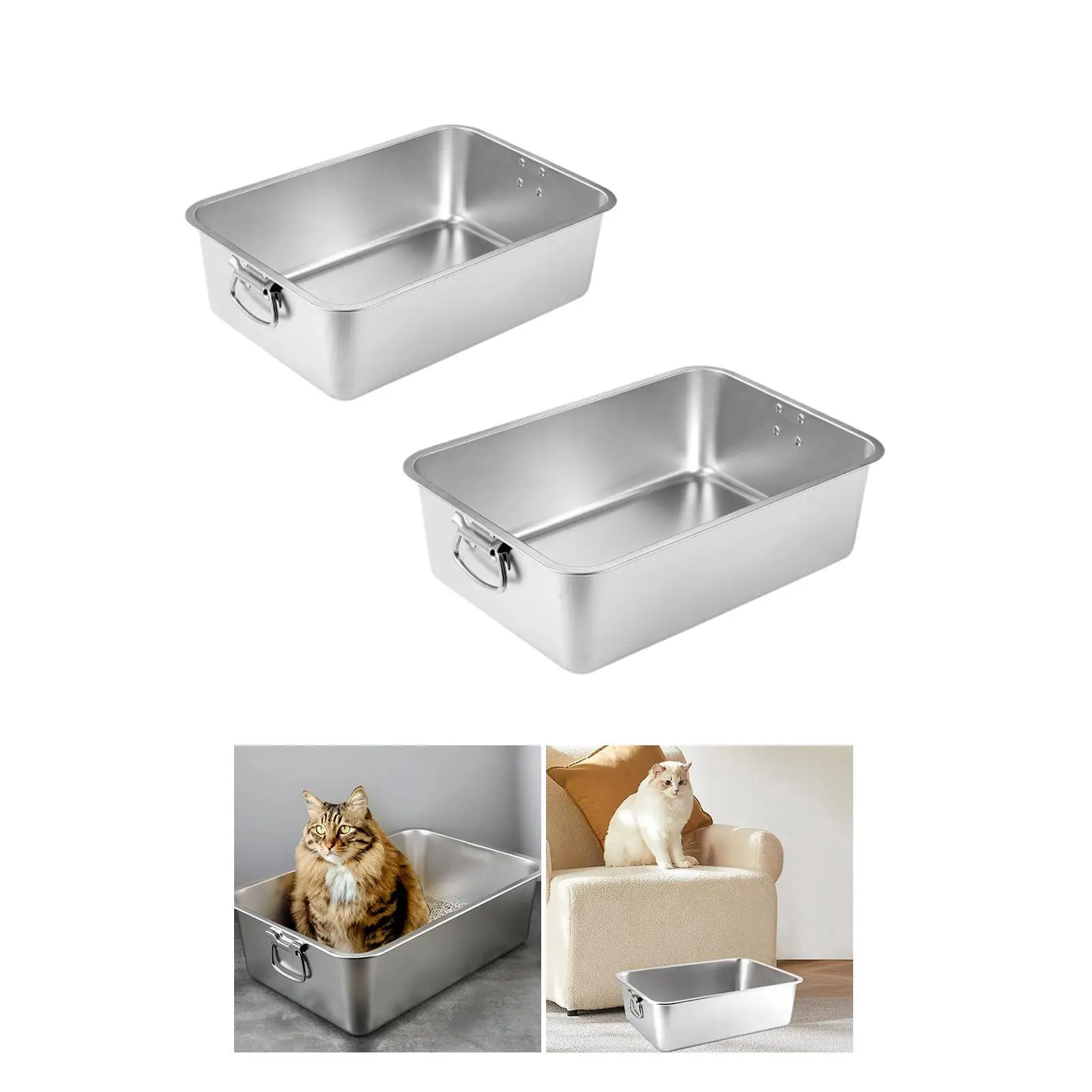 Caja de arena para gatos de acero inoxidable con asas – Limpieza fácil - imagen 3