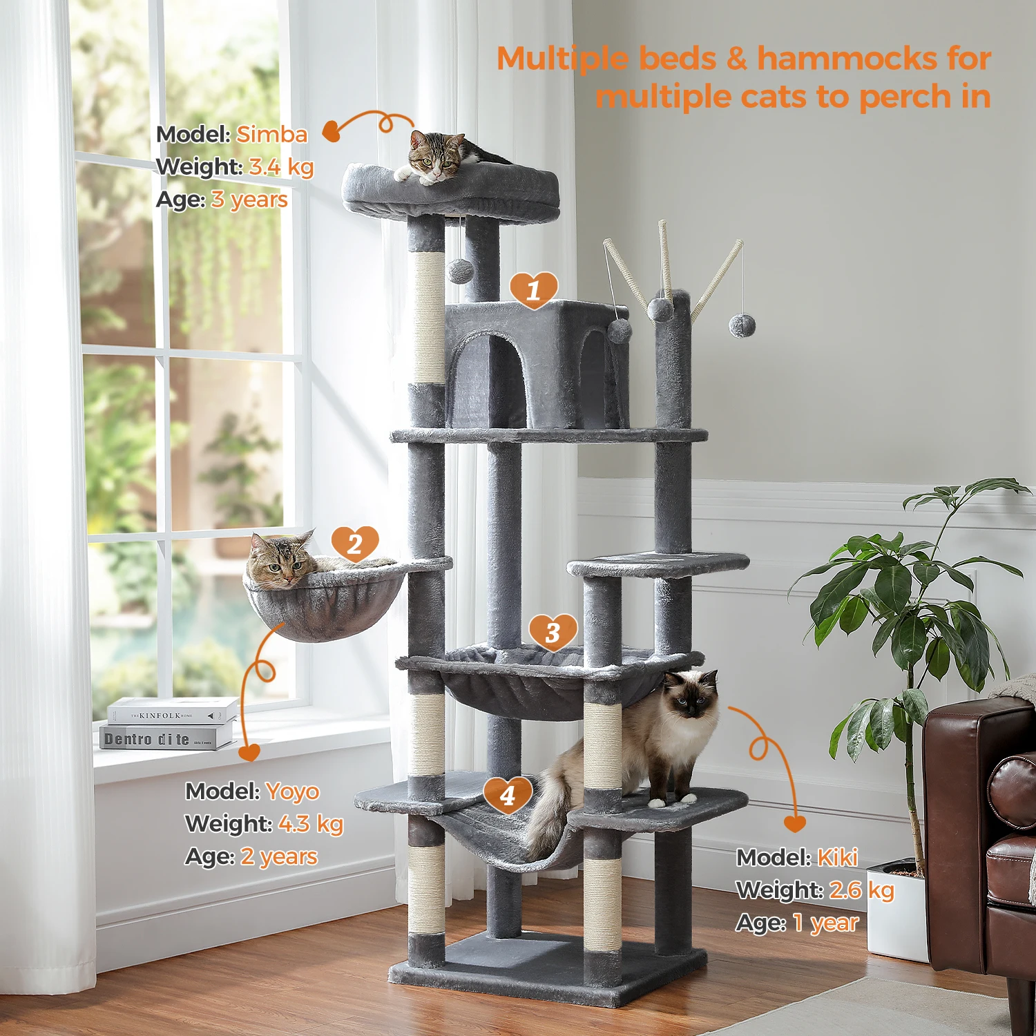 Árbol grande para gatos para interiores, torre alta para gatos gordos con hamaca súper grande, árboles trepadores para gatos con poste rascador - imagen 3