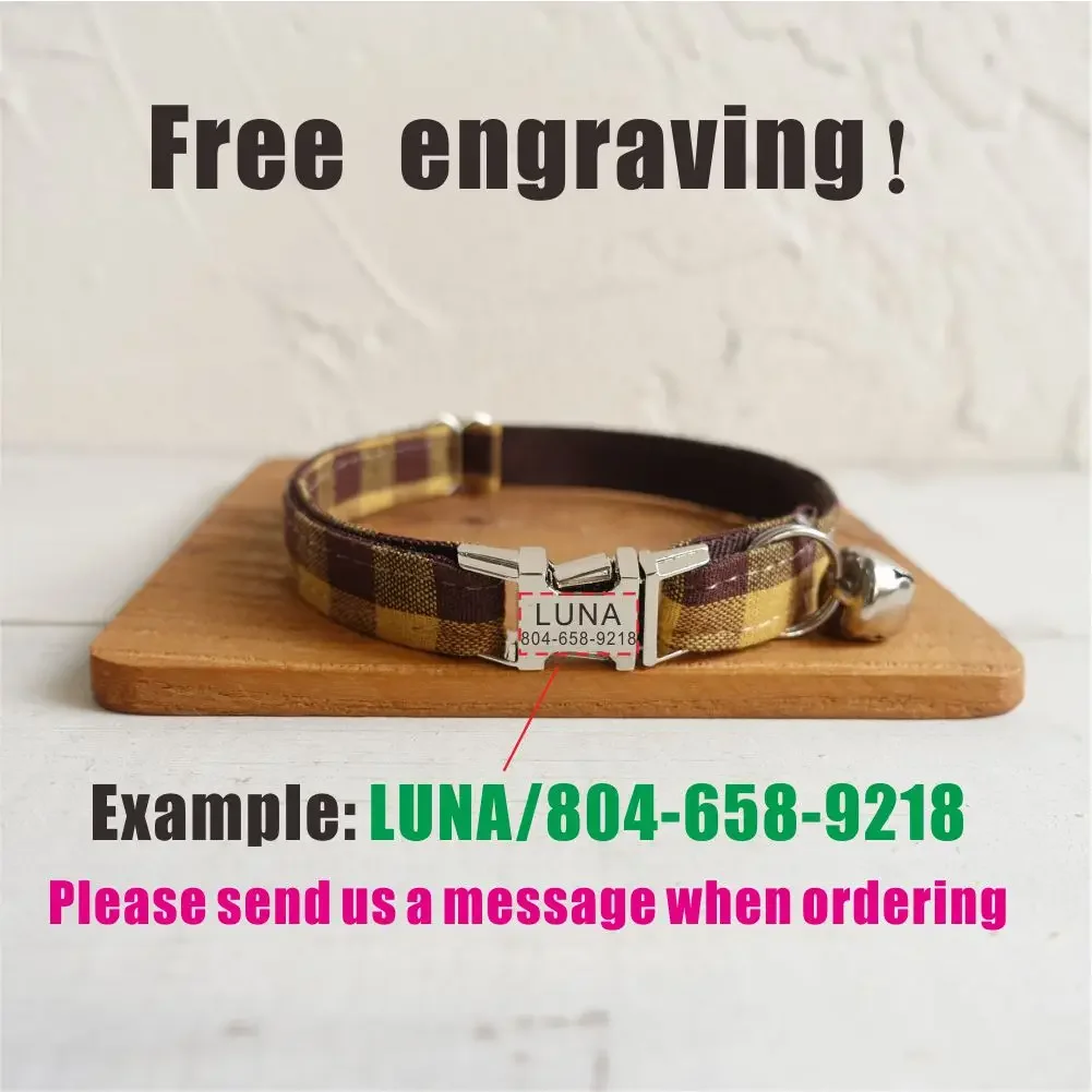 Collar de gato personalizado con grabado gratuito, correa para mascotas a juego, hebilla de Metal de contactos personalizados, Collar para mascotas a cuadros marrón y amarillo - imagen 4