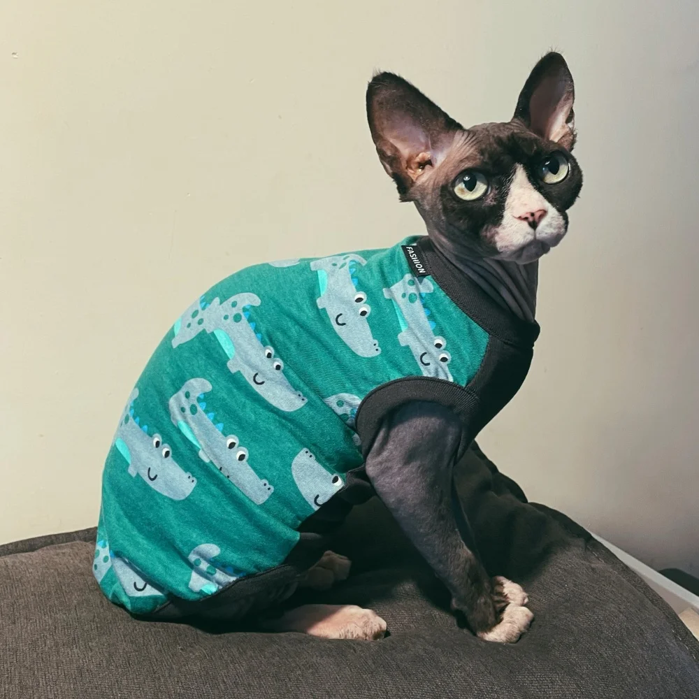 Lindo chaleco de verano de dibujos animados para gato sin pelo Camiseta verde sin mangas con estampado animal para Sphinx en primavera Pijama suave para gatitos - imagen 2