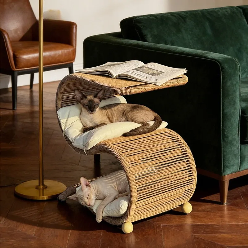 Cama ratán multifuncional 2 niveles para gatos – Rascador y cojín
