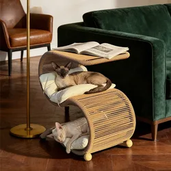 Cama ratán multifuncional 2 niveles para gatos – Rascador y cojín