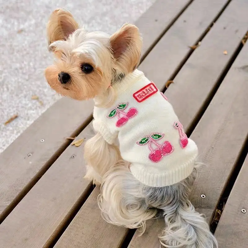 Ropa de cereza para perros, suéter de invierno para mascotas, jersey de punto de fruta cálido para perros pequeños, hermoso jersey sin mangas para maltés