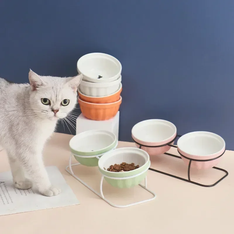 Cuenco doble a la moda, bonito alimentador de cerámica para mascotas, pie alto, diseño oblicuo, hueso de pescado, estampado, protege la columna vertebral, accesorios para comedero para perros - imagen 2